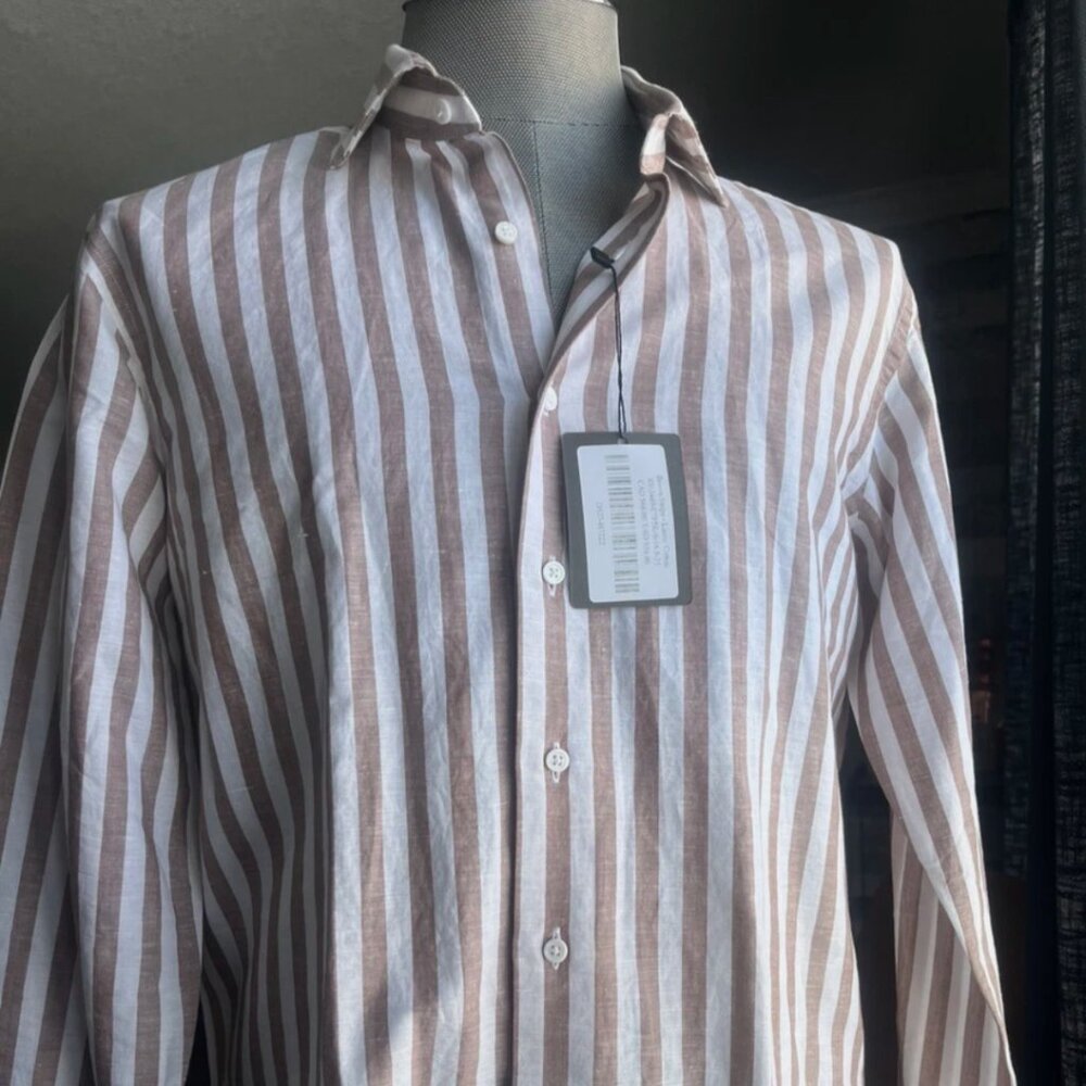Spier & Mackay Linen Shirt – White & Brown Striped – Size 16.5 / 35